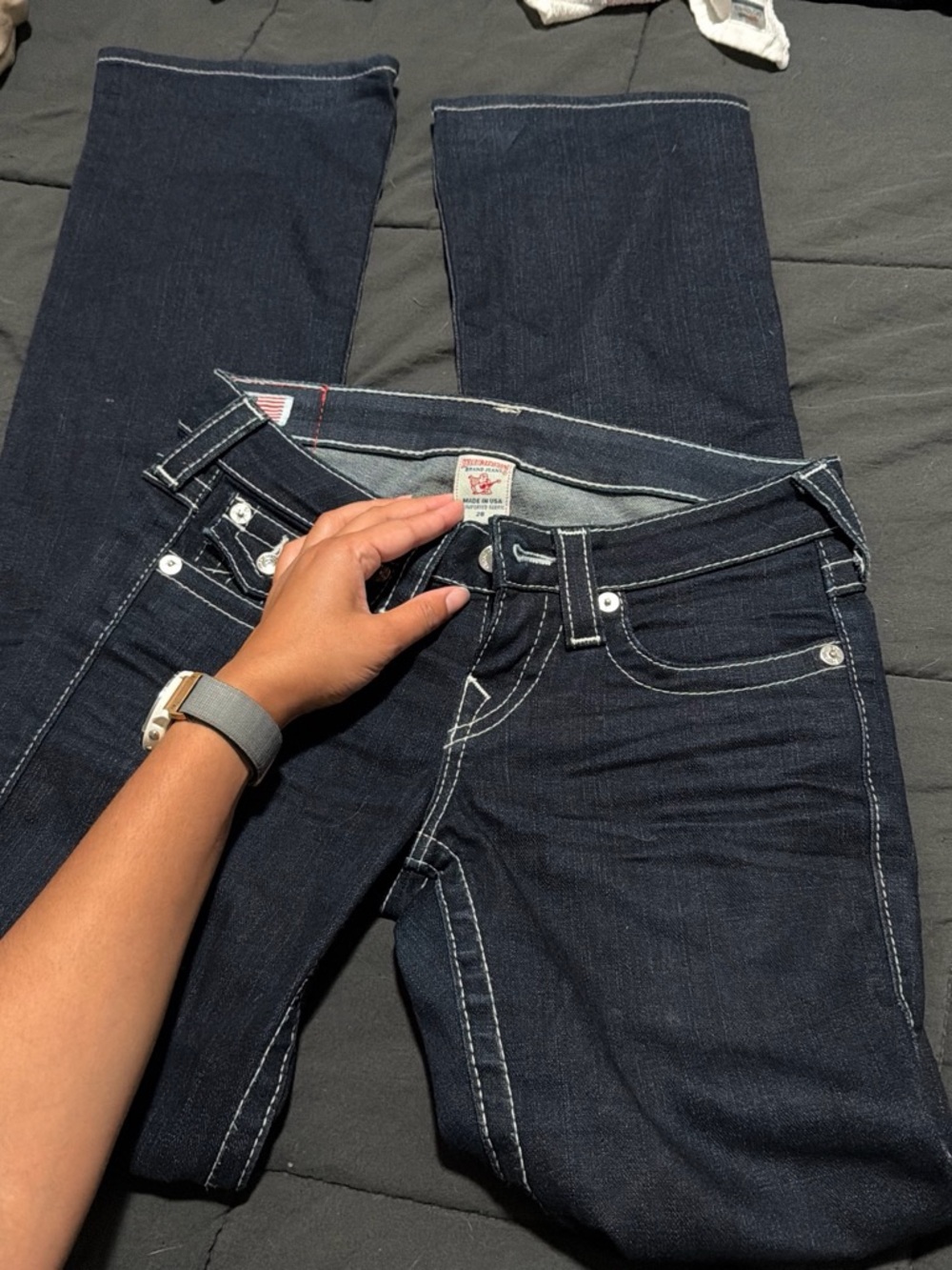 True Religion Dark Indigo Flare Jeans with White Contrast Stitching